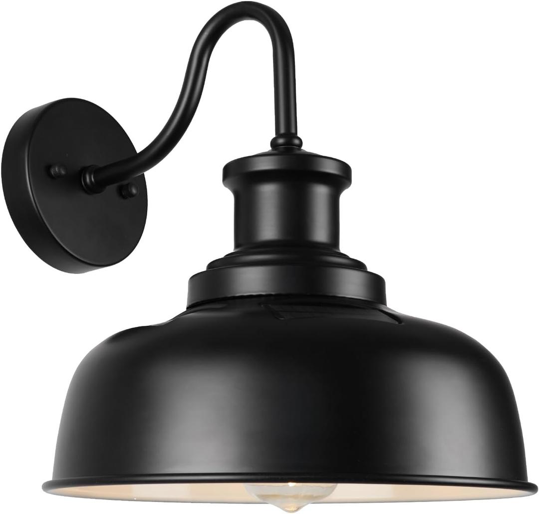 Solar Barn Light for Outside, Gooseneck Outdoor Wall Lights Solar Powered, Farmhouse Exterior Wall Sconce, Industrial Outside Lighting Fixture, Rustic Lantern for Garage, Barn, Shed, RZSR007 (1 Pack, Black+White)