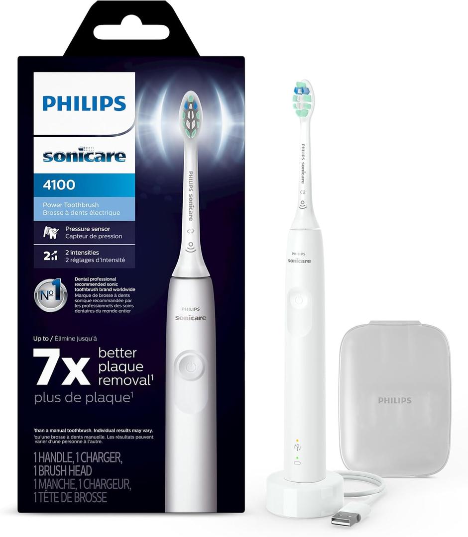 Philips Sonicare 4100 Rechargeable Electric Toothbrush, Advanced Plaque Removal, Pressure Sensor, Includes Brush Head Case, White BD5002AZ
