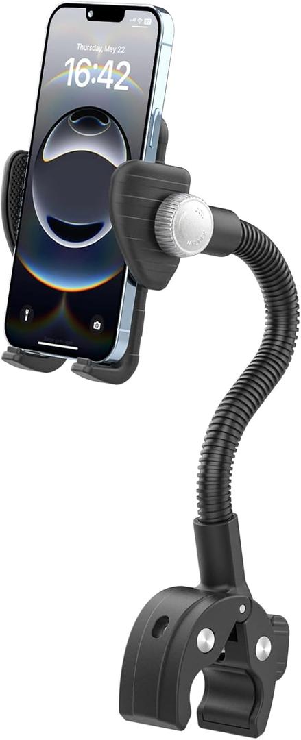 Gooseneck Phone Holder Mount for Wheelchair/Stroller/Boat/Treadmill/Spin Bike/Mic Stand, Cell Phone Handlebar Clamp with Adjustable Arm for iPhone 16 Pro Max, Galaxy, All 4-7" Smartphone