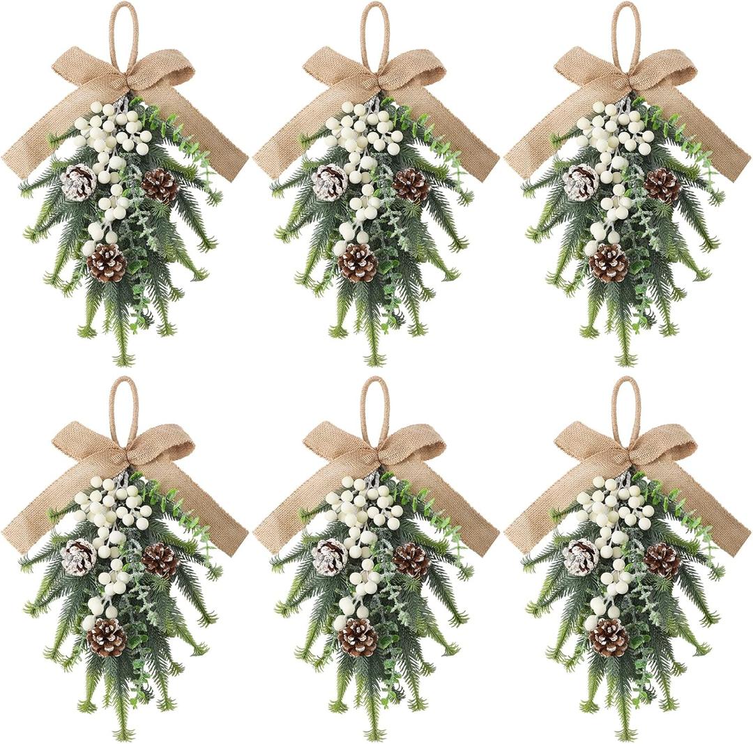 6 Pcs Artificial Christmas Teardrop Swag 18" Green and White Frosted Greenery Teardrop Wreath with Pine Cones Berry Clusters Burlap Bow Ribbon for Xmas Front Door Table Mantle Fireplace Decor 