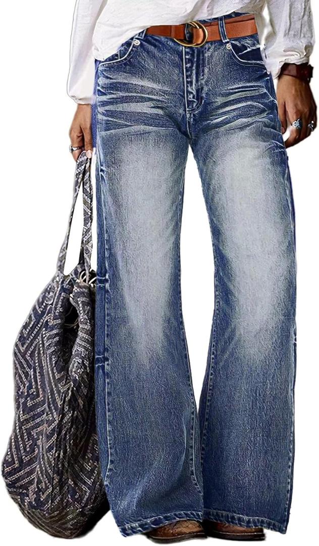 Flamingals Straight Leg Jeans for Women Ripped Raw Hem Mid Waisted Bootcut Jeans Without Belts (Small, Mid Blue Wash)