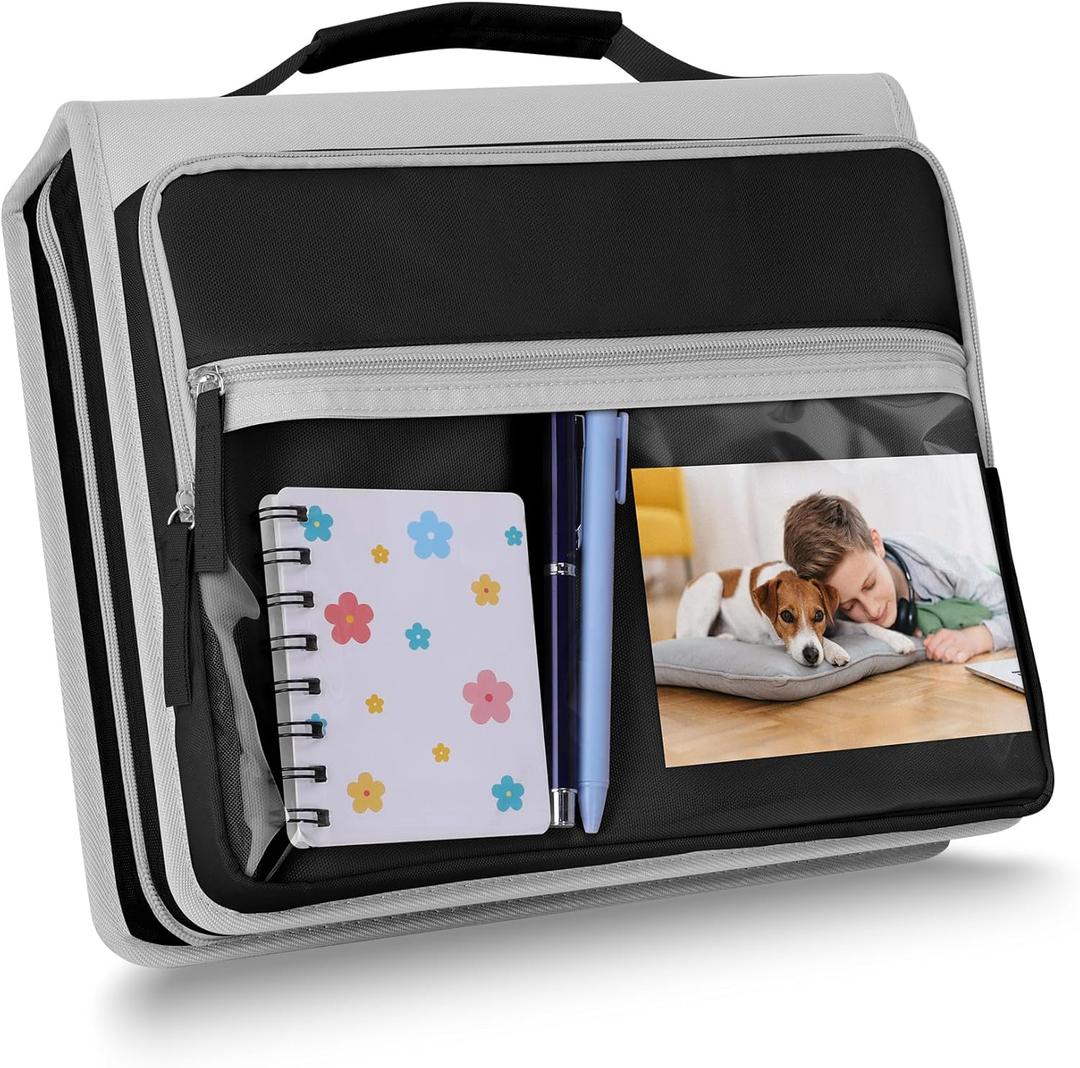 Ndsox Zipper Binder 3 Ring with Handle, 2 Inch O-Ring Document Organizer Middle School Binder with Zipper for Students, 5-Tab Expanding File Folder & 2 Mesh Pouches, DIY Clear Front Pocket, Black