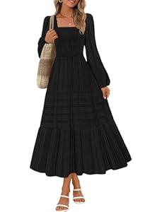 MEROKEETY Women's Fall Long Sleeve Floral Midi Dress Smocked Ruffle Tiered Square Neck Wedding Guest Dresses Pockets, Black, S