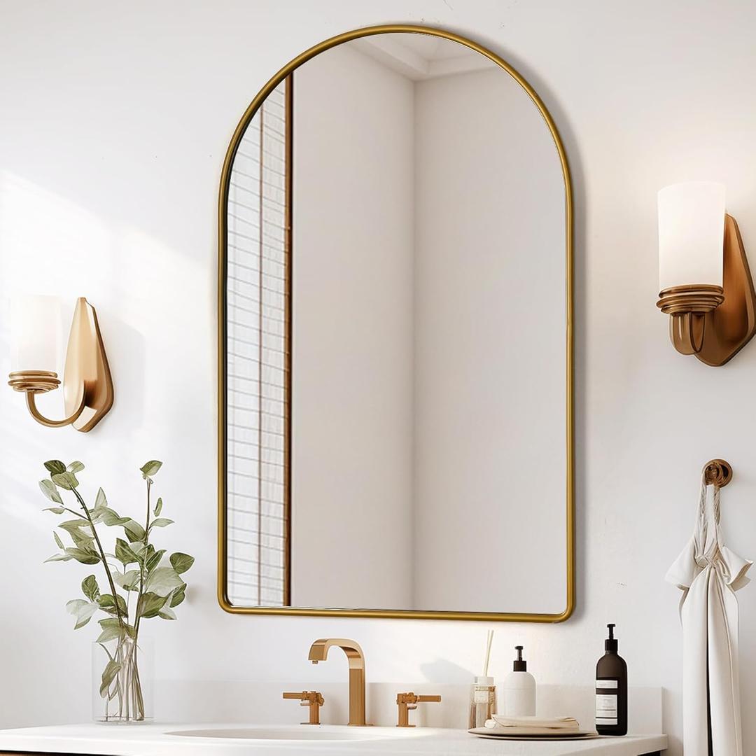 Wall Mirrors Matte Gold Metal Frame Mirror,24 * 36inch Arched Bathroom Mirror,Wall Mirror with Seamless Frame,Bathroom Mirrors for Over Sink in Farmhouses, Bathrooms,Living Room