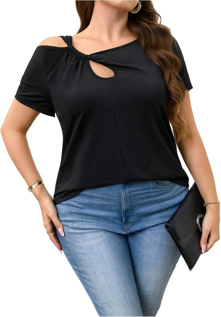 SOLY HUX Women's Plus Size Cold Shoulder T Shirts Elegant Cut Out Twist Front Asymmetrical Tops (Black, XXL)