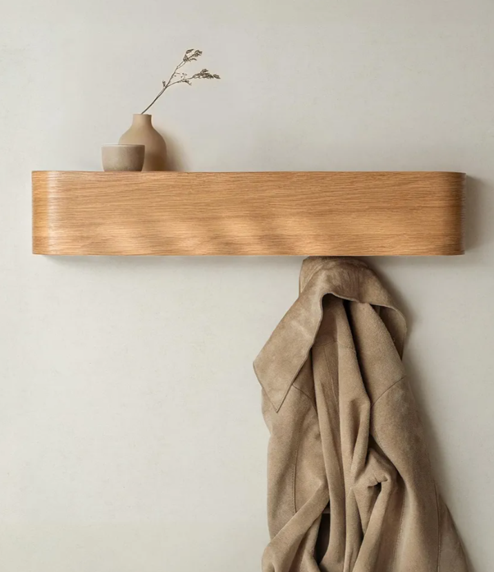 Wall-Mounted Coat Rack 'Toke' - Modern Design Coat Rack with Hidden Wall Hooks - Solid Wood Veneer Panel Coat Hanger - Oak, 5 Hooks