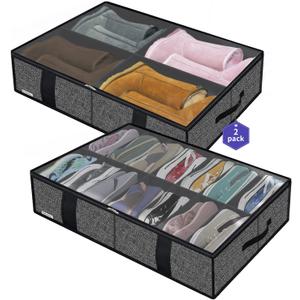Onlyeasy 2 Pack Under Bed Shoes Storage Bag Organizer (14+4 Pairs), Collapsible Shoe Boot Container with Handles, Underbed Storage Solution for Kids & Adults, 86x60x15cm, Linen-like Black, MXAUBS14S4