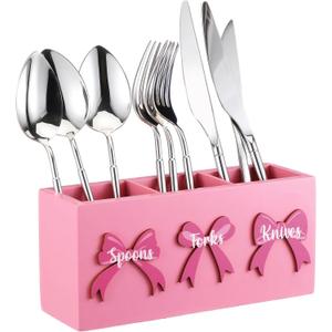 Patelai Pink Bow Wood Flatware Silverware Caddy for Countertop Small Decorative Christmas Utensil Holder Kitchen Counter with 3 Compartment Farmhouse Knife Spoon and Fork Holder for Party Kitchen