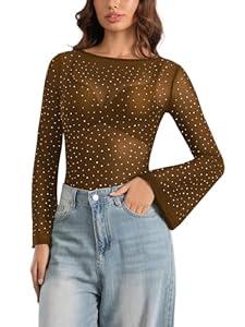 UEOIOW Sheer Tops Long Bell Sleeves Rhinestone Tops for Women Casual Shapewear Brown S