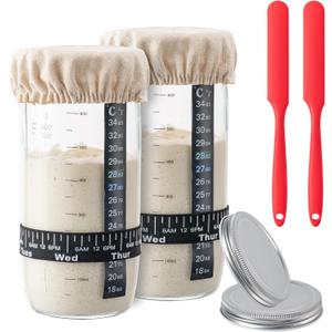BOOMIBOO Sourdough Starter Jar, 24oz 2pcs Sourdough Bread Baking Supplies Fermentation Kit, Glass Jars Bread Making Accessories with Date Marked Feeding Band, Thermometer, Cloth Cover & Metal Lid
