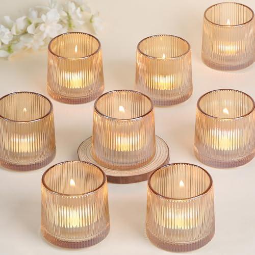 DARJEN Gold Ribbed Tealight Votive Candle Holders Set of 8 - Tea Light Candle Holders Glass for Table Centerpiece, Votive Candle Holders for Home, Wedding & Fall Decor