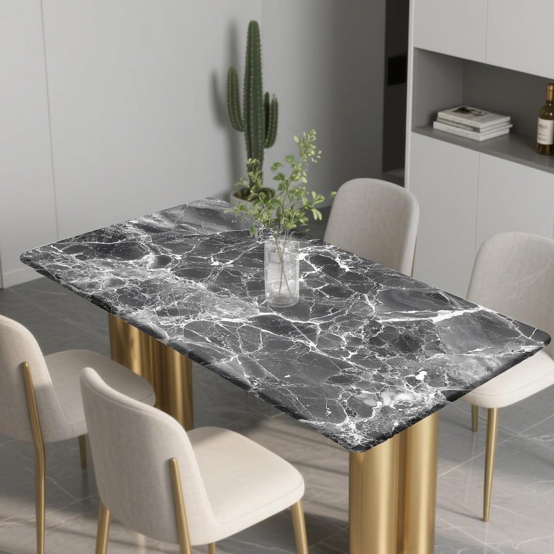 Rectangle Wipeable Tablecloth with Elastic, Fitted Waterproof Outdoor Tablecloth for 6 Foot Rectangle Tables, Picnic, Camping, 30"x48", Black Marble