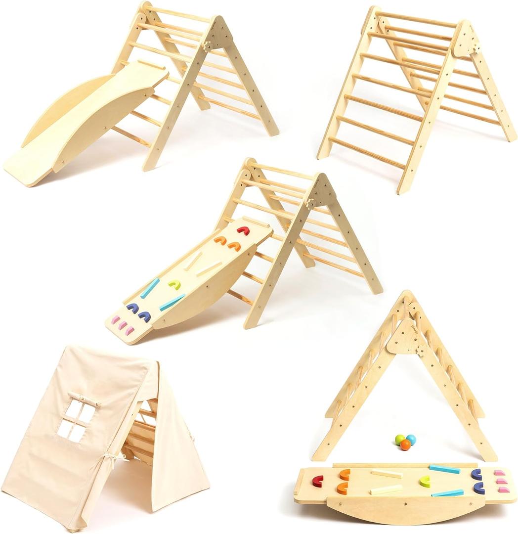 GROWGO Pikler Triangle Climber with Ramp - Toddler Climbing Toys Indoor Montessori Climbing Toy Set Pickle Triangle Montessori, Baby Climbing Toys Indoor, Pickler Set Wooden Play Gym, Kids Climbers