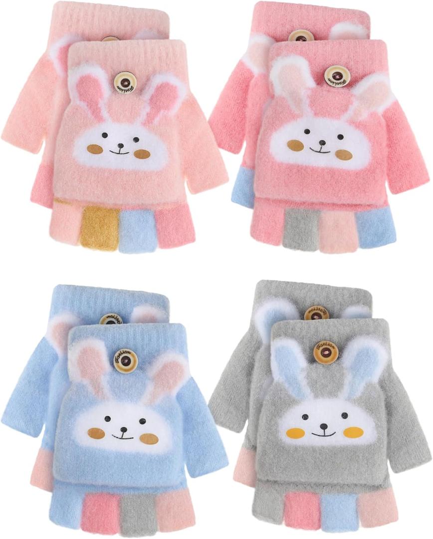 Geyoga 4 Pairs Kids Fingerless Gloves Winter Convertible Knit Flap Mittens Toddler Half Finger Mitten for Aged 3-10