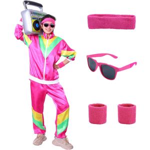 80s Tracksuit Men 80s Costumes for Women/Men 90s Hip Hop Costumes Shell Suit for Party Halloween Dress (Large, Pink)