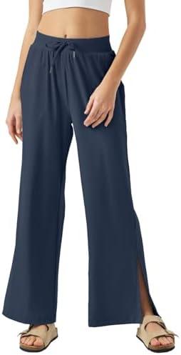 30" Inseam Womens Wide Leg Sweatpants Petite High Waist Summer Pants UPF50 Lightweight Beach with Pocket Split Leg (L)