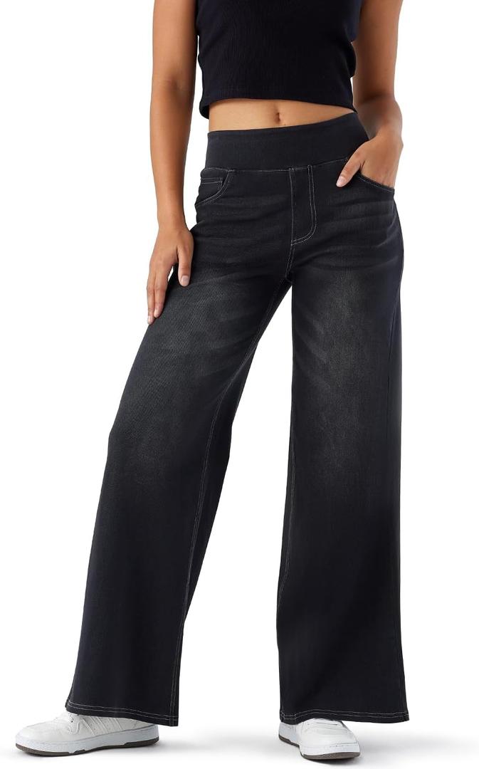 Women's High Rise Wide Leg Jeggings - Stretch Pull On Jeans-Style Pants, Soft Denim with Pockets (Large, Dark Gray)