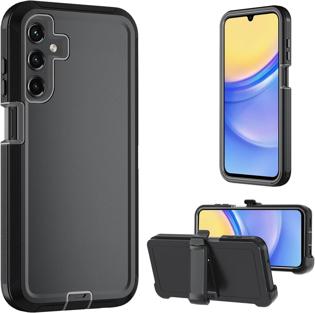 for Samsung Galaxy A15 5G case,A15 5G Heavy Duty case, with Belt-Clip and Tempered Glass Screen Protector, [Military Grade Protective ] [Shockproof] [Dropproof] [Dust-Proof] (Black/Gray)
