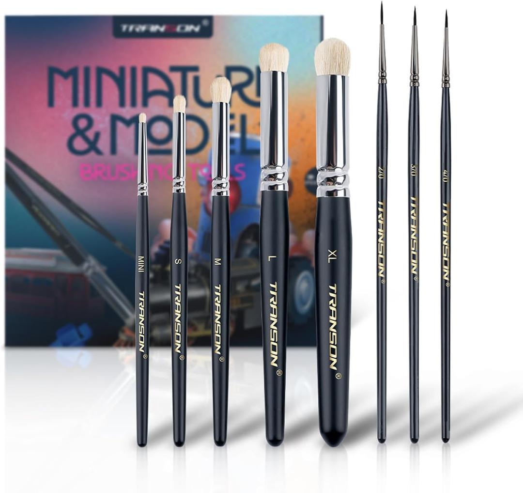 Transon 8pcs Miniature Painting Dry Brush Set with 5 Drybrushes and 3 Small Detail Brushes for Model Making and Miniature Model Painting