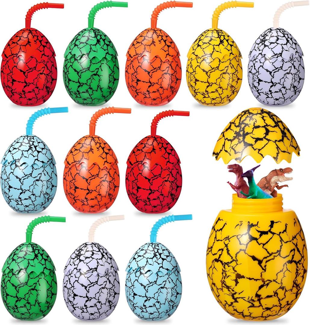 Maxcheck 12 Set Dinosaur Party Favor Cups with Lids and Straws Dino Cups for Kids 10 oz Crack Dinosaur Egg Bottles for Dino Theme Birthday Party Supplies Decorations