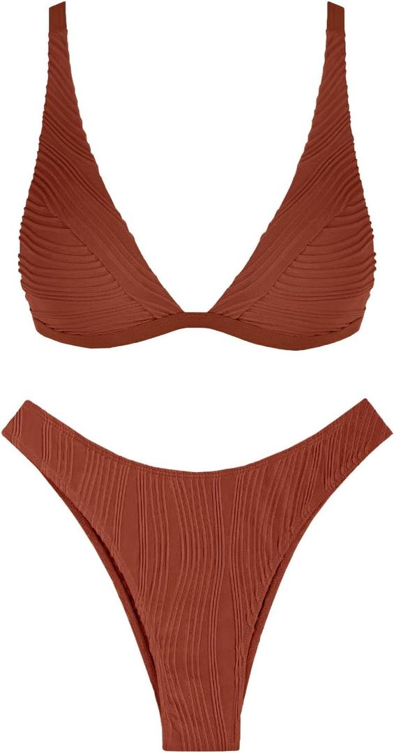 ZAFUL Bikini Sets for Women Triangle Textured Plunging High Cut Cheeky Bikini Swimsuits Two Piece Bathing Suits (Medium, 0-caramel)