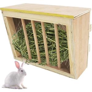 kathson Rabbit Hay Feeder Rack Wooden Food Feeding Manger Bunny Grass Holder Small Animals Less Wasted Food Dispenser for Rabbits Guinea Pig Chinchilla Hamster