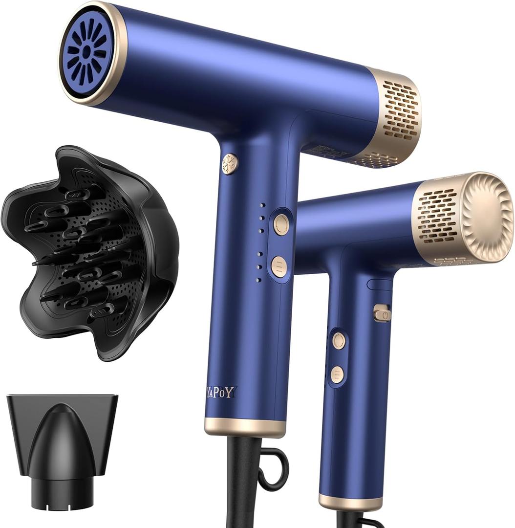 YAPOY Professional Hair Dryer with Diffuser Fast Drying 200 Million Ionic Blow Dryer with 110, 000 RPM High-Speed No Heat Damage Intelligent Thermo-Control Low Noise, Blue