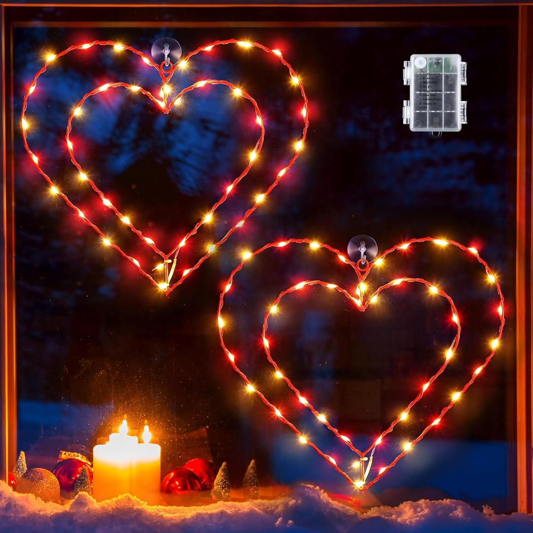 Valentine's Day Lights, 2 Pack 13.4 Inch Lighted Red Heart Window Silhouette Party Decoration for Valentine's Day, Wedding, Proposal, Birthday Decor (Red, White)
