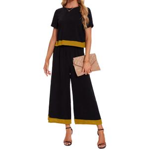 HANERDUN 2 Piece Outfits Short Sleeve Top Wide Leg Pants Casual Lounge Sets Travel Tracksuits (Large, Yellow)