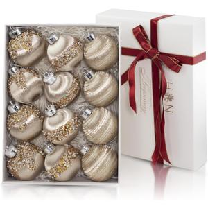 Satin Christmas Balls Ornaments, Silk Christmas Hanging Ball Decorations, 12Pcs 3.15" Luxury Vintage Christmas Tree Decor for Xmas Holiday Wedding Party, Package (Champagne)