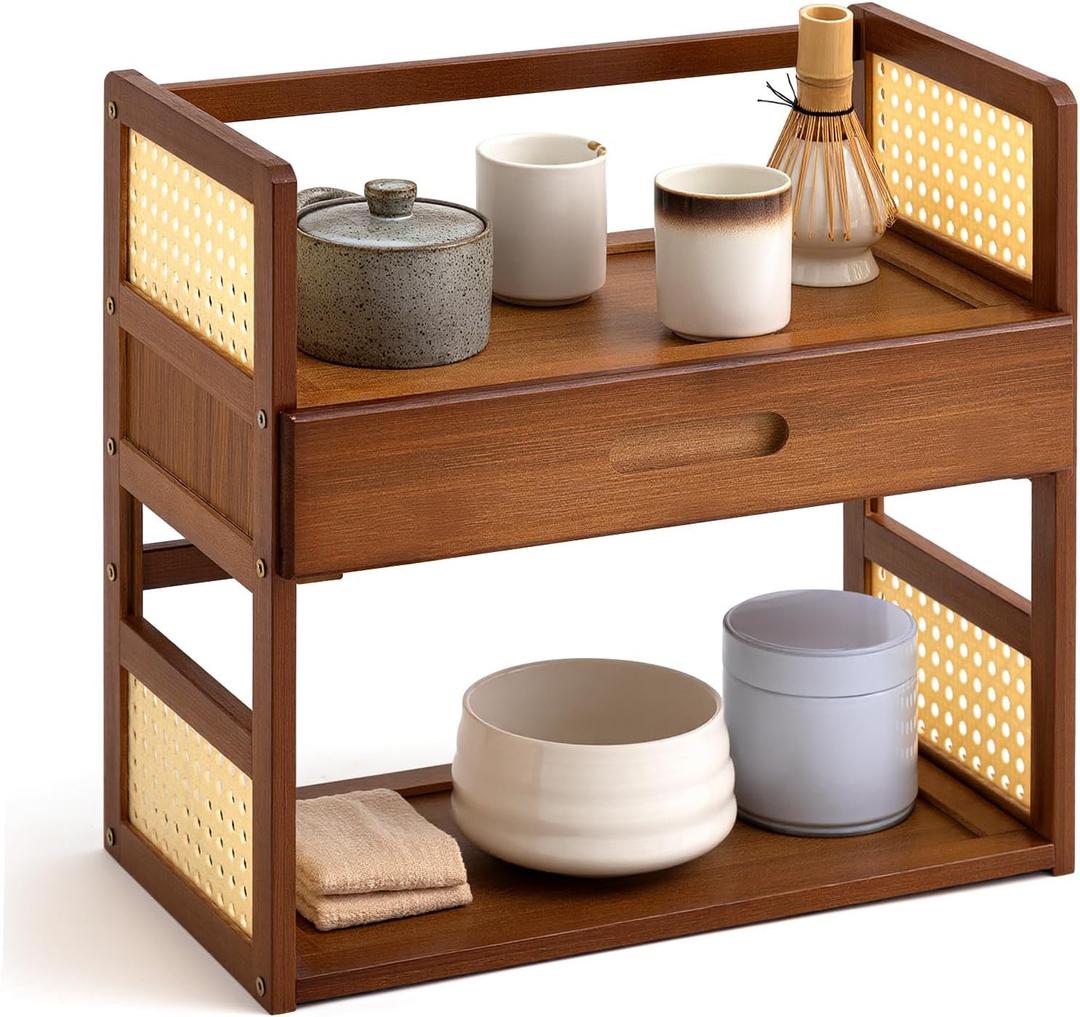 Yalikop Matcha Station Organizer 2 Tier Bamboo Mug Stand Shelf with Hidden Drawer Home Coffee Station Organizer for Whisk Set Bowl Cup Kitchen Countertops Bars 15.75" x 7.87" x 15.35"(Brown)