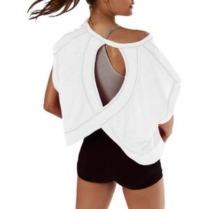 Kumufenc Women Short Sleeve Workout Shirts Open Back Tops Casual Yoga Y2k Athletic Gym Slouchy Crop Running Tees (White, L)