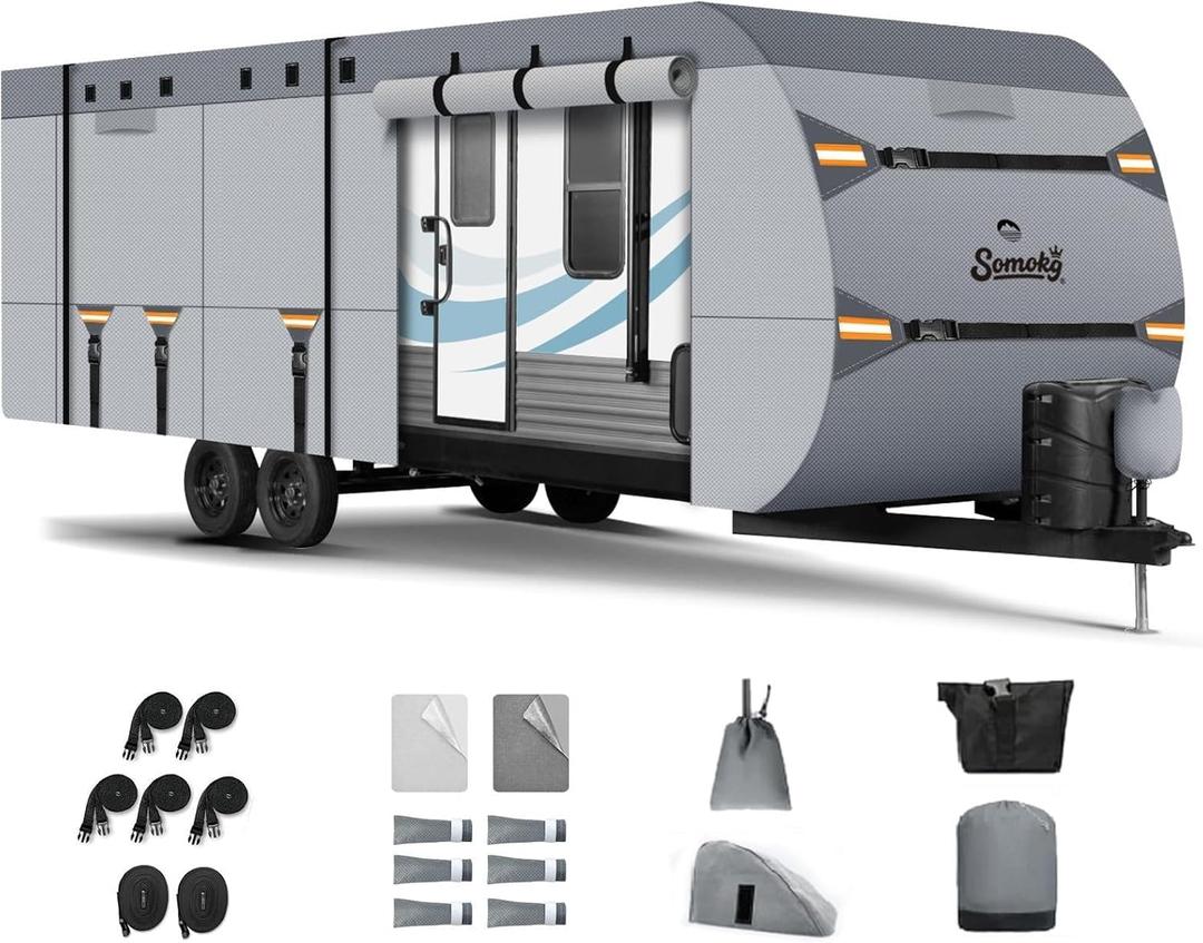 Upgrade 7-Layer Heavy Duty RV Cover 30-33 FT | Fits RVs with Roof Top A/C | All-Weather Travel Trailer RV Cover for Snow & Wind Protection | Rip-Stop Camper Cover with 5+2 Straps