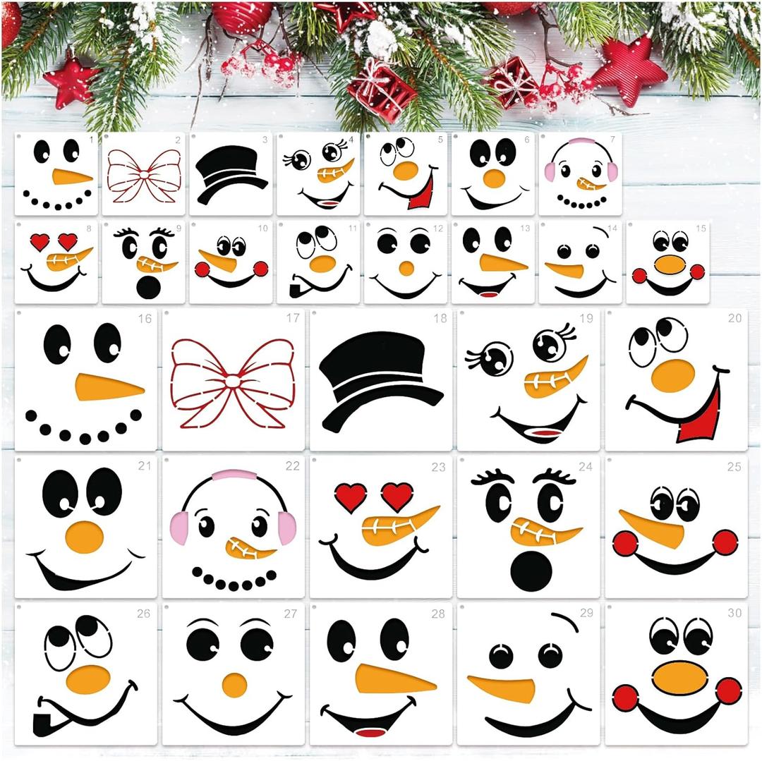 3 x 5inch Christmas Snowmans Face Stencil for Crafts Reusable Small Christmas Snowmans Face Stencils Holiday Templates for Ornament DIY Crafts Wood Canvas (face30)