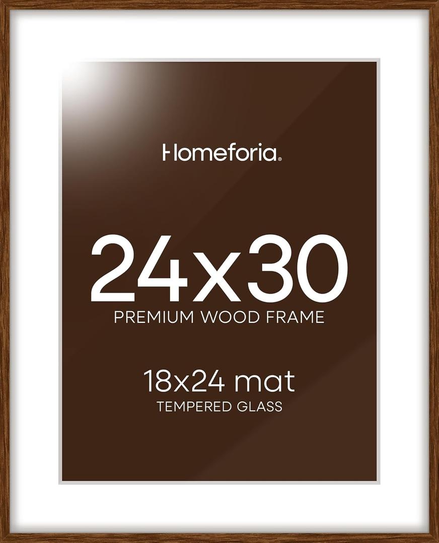 Homeforia 24x30 Walnut Frame, High End Oak 24 x 30 Wooden Poster Frame with Mat 18 x 24, 30x24 Large Picture Frames for Wall, 24x30 Brown Wood Frame Matted to 18x24, Tempered Glass, Wall Kit, Set of 1 (Wood Brown Oak)
