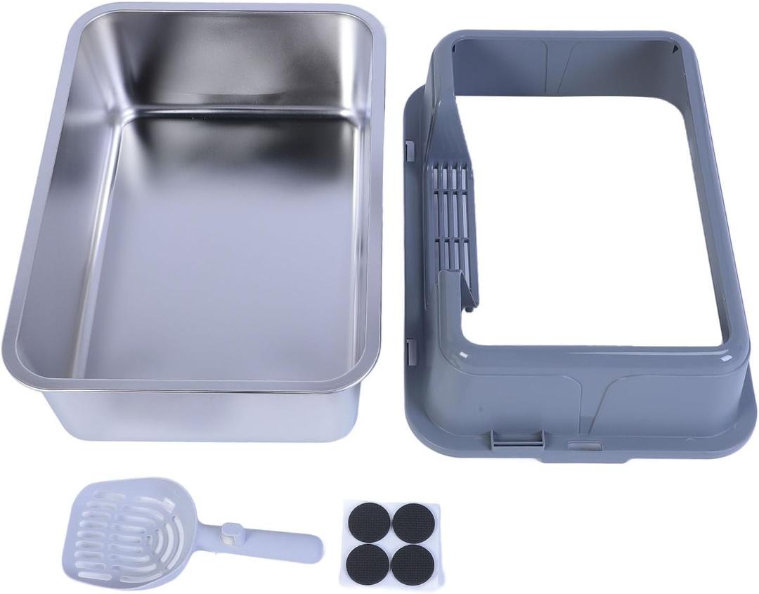 Stainless Steel Cat Litter Box Large High Sided Open Top Anti Splashing Easy to Clean Kitty Litter Tray for Indoor Cats Multi Cat Households Durable Proof Odorless 19.7 x 13.8 x (Grey)