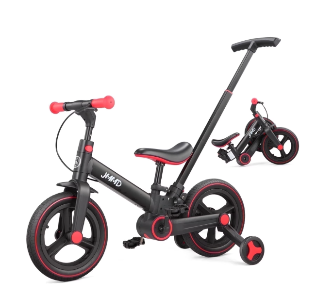 JMMD 6 in 1 Toddler Bike with Push Handle for Kids 18-60 Months, 12" Foldable Balance Bike with Training Wheels, Pedals, Brakes, Kickstand, Push Tricycle Toddler Gift & Toys for Boy & Girl