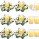 12 PCS Candle Rings with LED Flameless Candles, 3 Inch Artificial Rose Wreaths Eucalyptus Leaves for Table Centerpieces Home Wedding Party Decor, Champagne, 6 Sets