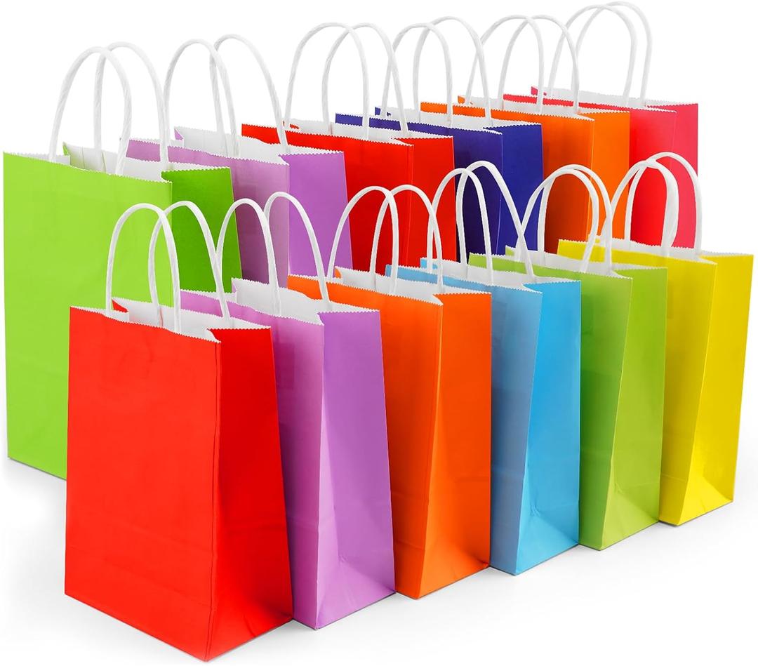 Yasashii Small Gift Bags With Handles, 24Pcs-8 Colors Kraft Brown Paper Party Favor Gift Tteat Bags, Rainbow Bag For Christmas, Kids Birthday, Party Supplies, Wedding, Baby Shower