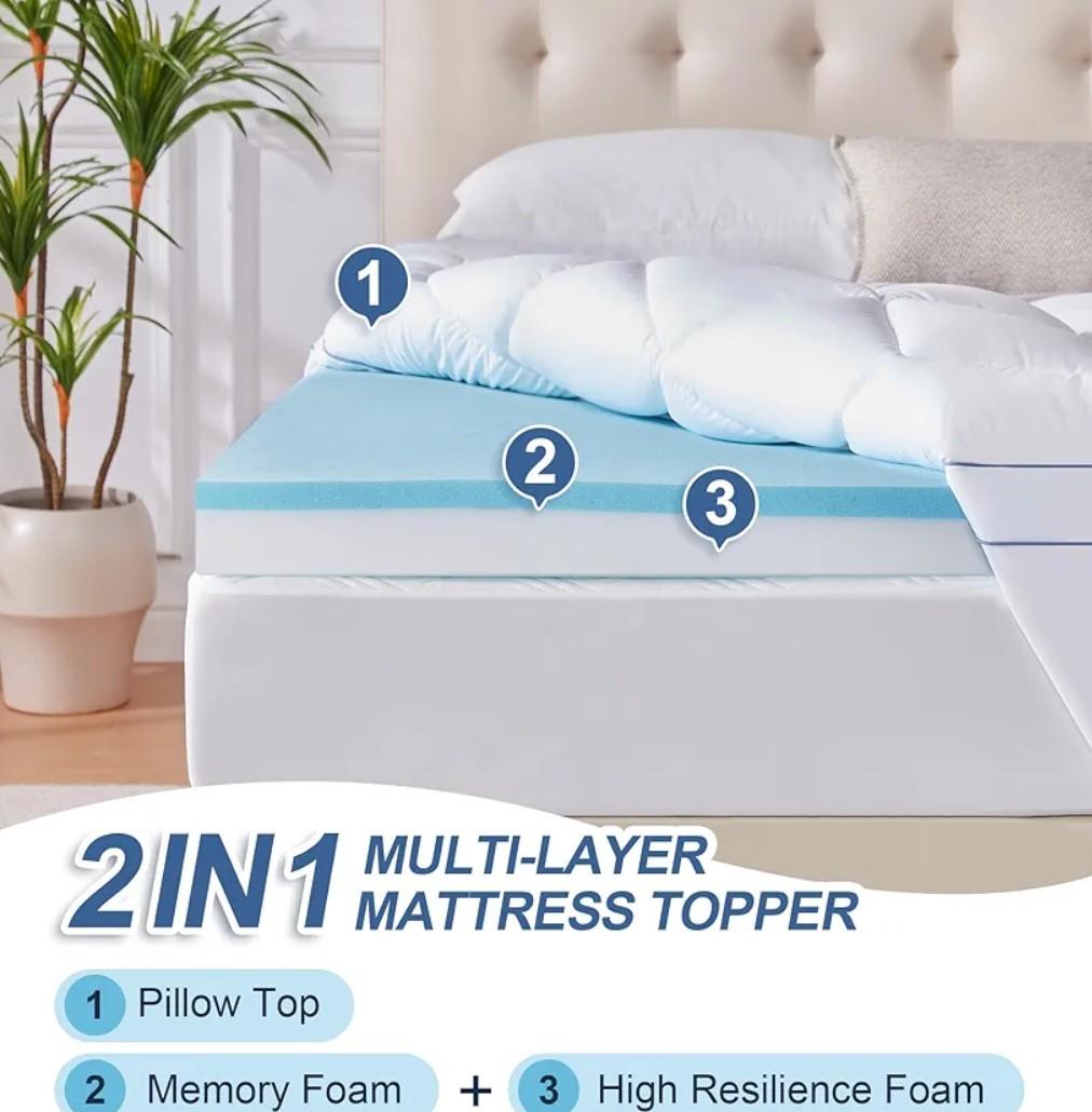 Memory Foam Queen Mattress Topper, 4 Inch Dual Layer Mattress Pad with Pillow Top Mattress Topper Queen Size Bed Cover, Support for Back Pain (Queen, White)