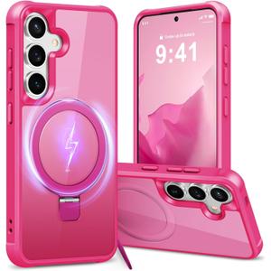 Hocase for Samsung Galaxy S25 Case, with Ring Stand [Magnetic Wireless Charging Supported] [Military Grade Protection] Slim Shockproof Translucent Protective Phone Case - Hot Pink