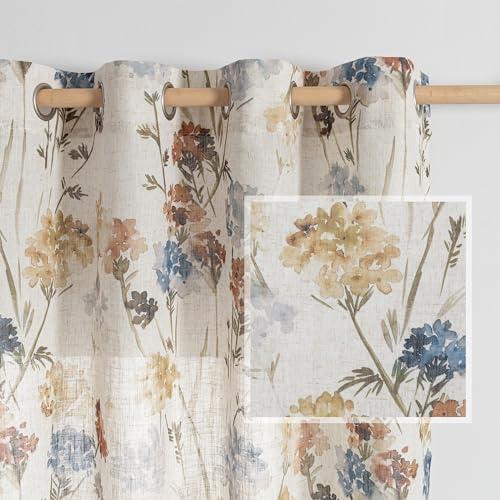 MYSKY HOME Floral Linen Curtains 84 inch Length 2 Panels Set Fall Patterned Semi Sheer Light Filtering Privacy Farmhouse Grommet Drapes for Living/Dining Room, Yellow, W52 x L84, Pack-2