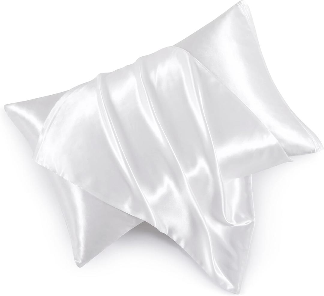 Satin Pillowcases with Zipper （20x26）,Standard Size Pillowcases Set of 2, White Silk Pillowcase for Hair and Skin