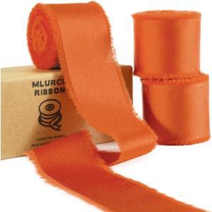 Burnt Orange Silk Satin Ribbon 1 1/2 Inch x 21 Yds Handmade Fringe Silky Chiffon Frayed Fabric, Terracotta Ribbon for Flower Bouquet, Gift Wrapping, Wedding, Bridal Shower, Thanksgiving, Christmas