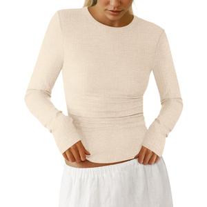 PRETTYGARDEN Womens Long Sleeve Shirts 2026 Ribbed Knit Slim Fitted Basic Tee Casual Going Out Tops Underscrubs Fall Clothing (Beige, M)