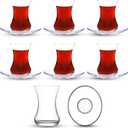 Turkish Tea Glass Set, Big Size, Slim Waist Design with Thick Base Prevent Tea From Getting Cold, Easy to Keep for 6 People, 6 Elliptical Saucers, 6 Glasses, Useful Set (12 Pieces)