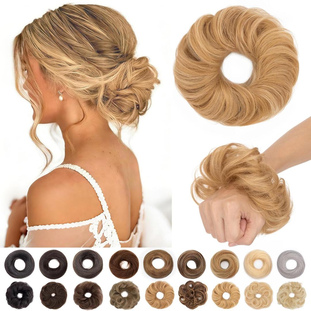 S-noilite Messy Bun Hairpiece Real Human Hair for Women Curly Wavy Tousled Updo Scrunchie Realistic Natural Messy Bun Hair Piece Highlighted Golden Brown Mixed Bleach Blonde