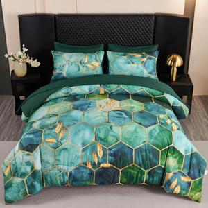 ANGIYUIN 7Pcs Teal Green Marble Comforter Set Full Watercolor Gold Bedding Set Geometric Honeycomb Printed Bed Sets Luxury Gold Leaves Bed in A Bag for Women Men(Full Teal Green)