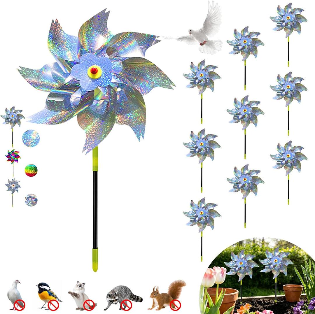 Bird Deterrents for Outside, Reflective Pinwheels for Yard and Garden Decor 10 Pack, Wind Spinners Outdoor Bird Deterrent Devices Windmills Bird Deterrent for Balcony, Patio, Farm, Orchard(Silver-Dot)