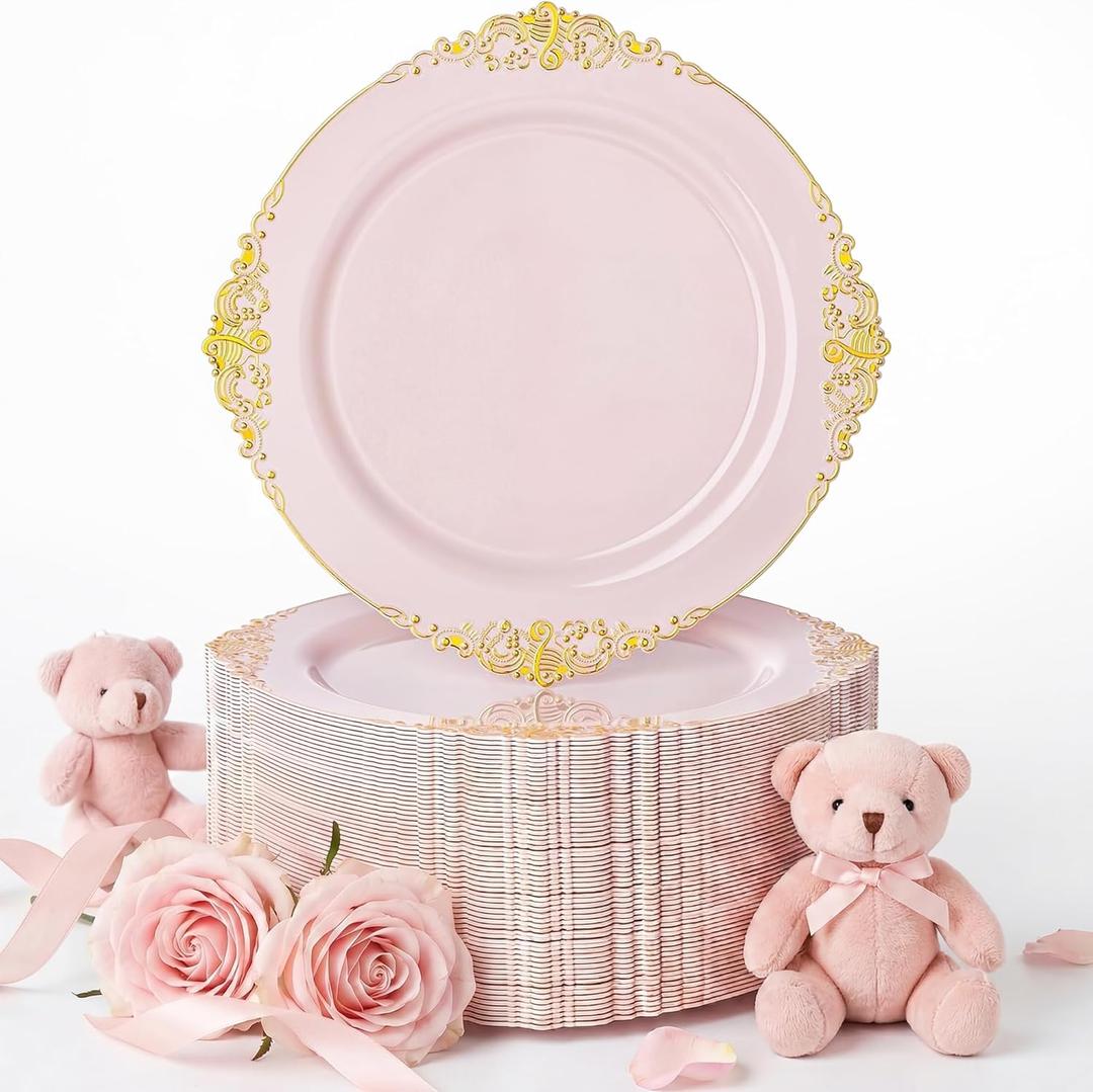 Nervure 100PCS Pink and Gold Plastic Plates - 10.25Inch Pink Disposable Plates - Plastic Dinner Plate for Weddings & Parties & Mothers Day